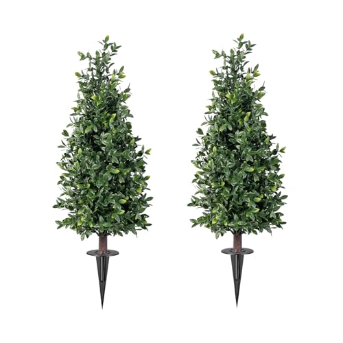 2FT Artificial Boxwood Topiary Trees with Ground Spike, 2 Pack Faux Boxwood Topiaries Cone Bushes Trees UV Resistant Artificial Shrubs for Indoor Outdoor Front Porch Garden - color: Boxwood-3