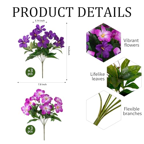 Fake Artificial Flowers for Outdoors 6 PCS Azalea Bouquet Silk Flowers for Outside UV Resistant Faux Flowers Plants for Outdoor Planters Realistic Spring Home Front Door Patio Garden Porch Decor - color: Mt Azalea B-purple1 Purple3