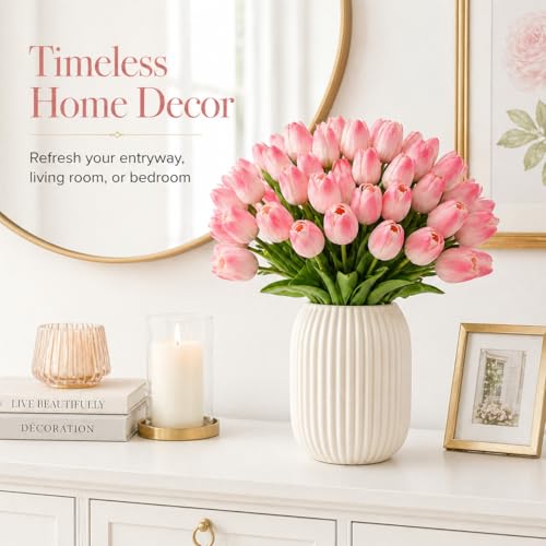 MACTING 30 PCS Artificial Tulip Flowers 13.7" Real Touch Fake PU Tulips Bouquet Faux Flowers for Floral Arrangements Table Centerpieces Kitchen Indoor Home Mothers Day Decorations,Peach Pink - color: Peach Pink