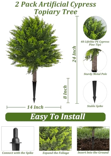 Artificial Cypress Topiary Ball Set of 2, 24” Faux Shrub Bushes with Ground Spike, UV Resistant Fake Evergreen Plants Tree for Porch Outdoor Planters Indoor - color: Cypress