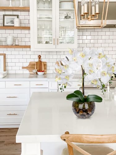 White Orchids Artificial Flowers 16.5" Faux Orchids Plant in Pot Fake Flower Arrangements with Glass Vases White Centerpieces for Kitchen Dining Room Tables Bathroom Nightstand Shelf Desk Decor - color: White Orchid & Brown Stones
