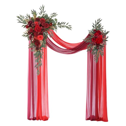 Deluxe Wedding Arch Flowers with Drapes Kit Pack of 4, 2pcs Burgundy & Red Hanging Silk Flowers Arrangement 2pcs Chiffon Drapes for Ceremony Arbor Party Outdoor Decor - color: Burgundy & Red