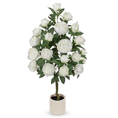 Hollyone White Fake Peonies Tree 4FT Peonies Artificial Flowers Tree in Pot Faux Peony Plants & Flowers in Planter Greenery Potted Plant Indoor Outdoor Front Door Porch Home Decor - color: 4ft - White