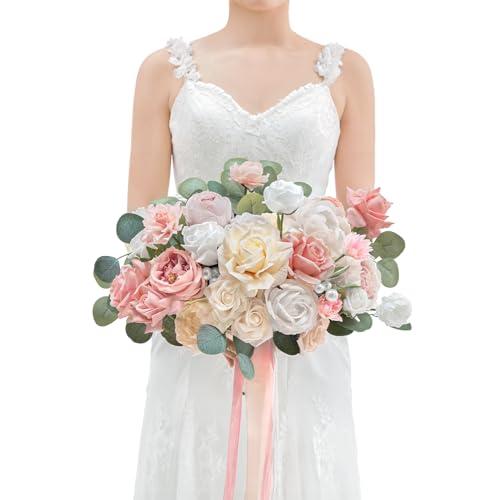 TINGE TIME 11 Inch Wedding Bouquets for Bride，Champange&Pink Artificial Flowers Bouquet， Brides & Bridesmaids Bouquet Tossing Bouquet for Wedding Anniversary Ceremony Bridal Shower Decorations - color: Dusty Rose & Champagne