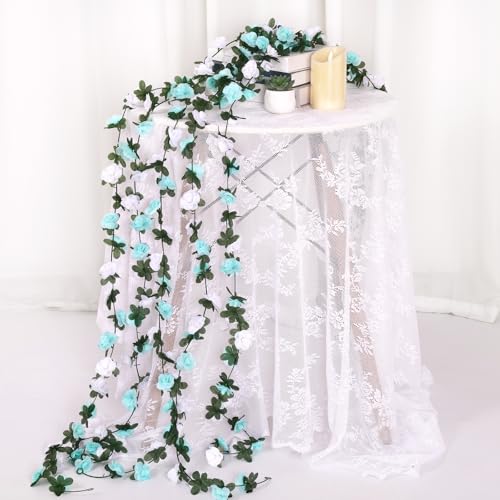 KHOYIME 9 Pack 72 FT Artificial Flower Garland, Fake Blue White Roses Vines Silk Flowers Faux Plastic Outdoor Hanging Floral Ivy Garland Decoration for Wedding Arch Bedroom Home Wall Backdrop Decor - color: Blue and White, size: 9pcs