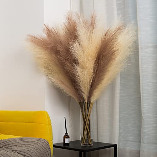 Faux Pampas Grass 8 Stems, Artificial Pampas Grass - 43 inch Extra Large Pompass Grass Tall Pompous Boho Flower Arrangement and Floor Vase Filler Home Decor for Room Wedding Party - color: 4 Beige+4 Taupe