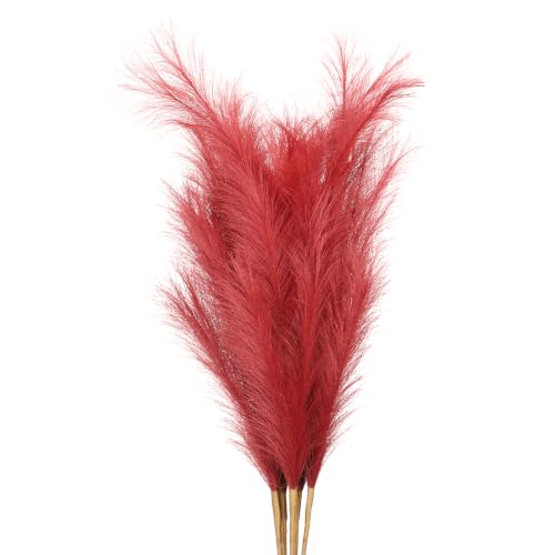 PATIKIL 37.8in Tall Pampas Grass Decor, 7pcs Large Artificial Pampas Grass Bulk Long Fluffy Faux Pampas Grass Dried for Home Boho Decor Vase Wedding Wall Ground, Dark Red - color: Dark Red