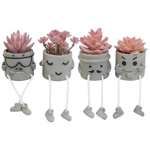 Set of 4 Artificial Potted Mini Succulent Plants - Small Fake Succulents in Hanging Leg Cement Pots, Desk/Bathroom/Bookshelf/Wall Decor for Home Office, Cute Office Decor for Women (Pink) - color: 4small-cool-pink