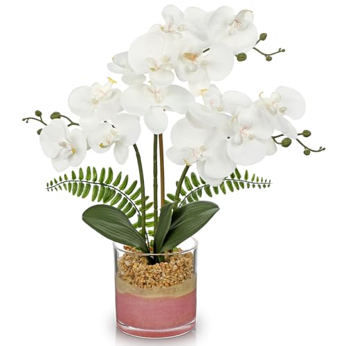Oairse White Orchids Artificial Flowers with Vase Faux Orchids Plant in Pot | 17.7" Phalaenopsis Orchid Flower Arrangements White Centerpiece for Kitchen Dining Room Table Bathroom Shelf Desk Decor - color: White Orchid & Pink Sand
