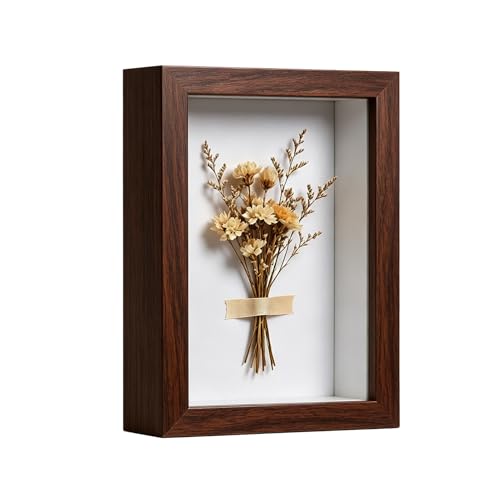 4X6 Shadow Box - Walnut Color Wooden Deep Picture Frame with Shatter-Resistant Panel for Wall Decor | 3D Display Case for Military Medals, Flowers,Photos and Crafts | Easy to Open & Ready to Hang Gift - color: Walnut Color, size: 1Pcs 4x6in