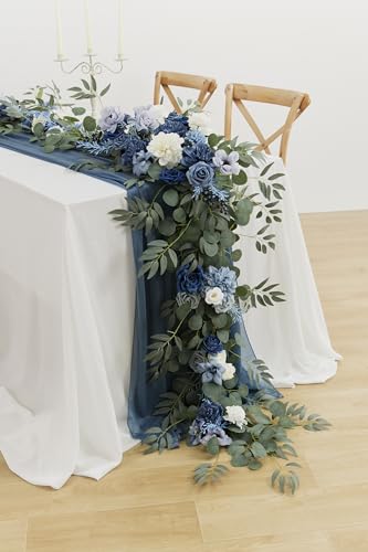 MISSPIN 9FT Eucalyptus and Willow Leaf Garland,Artificial Flowers Fake Flower Peony Rose Vine Greenery Decorative Wall Hanging Plant for Wedding Arch Door Arrangement Party Decor - color: Dusty Blue & Navy