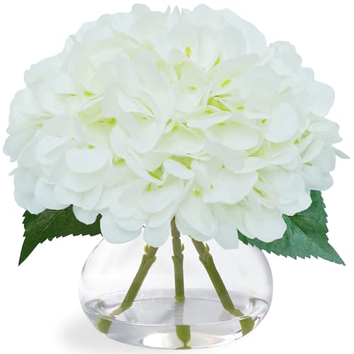 Big Petals Hydrangea Artificial Flowers in Vase, White Silk Fake Flowers Silk Centerpiece Table Decorations for Dining Room,Coffee Table Decor,Wedding, Home with Faux Water Decor (New White) - color: New White