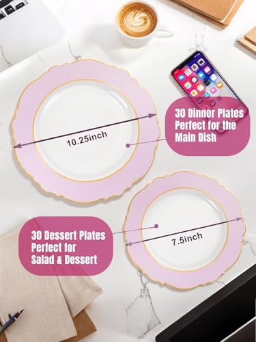 WDF 60Pcs Pink Plates Disposable with Gold Rim - Baroque Clear Pink and Gold Plastic Party Plates Ideal for Wedding/Baby Shower/Spring - color: Clear Pink with Gold Rim, size: 60PCS