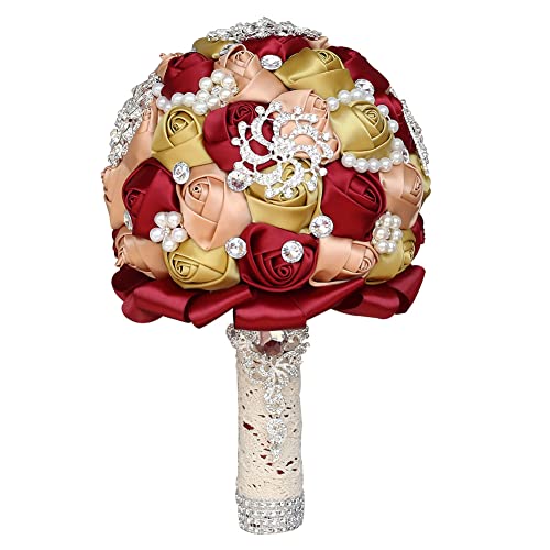 Sharebeauty 7.9 Inch Handmade Satin Rose Bridal Bouquet Toss Round Wedding Bouquet Throw Toss Artificial Flower Bunch Brown Yellow + Dark Red + Pale Gold - color: W3217d12 Brown Yellow/Dark Red/Pale Gold