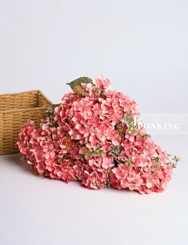 PONKING Hydrangea Artificial Flower 3pcs Realistic Faux Silk Hydrangeas Fake Flowers Bouquets Arrangements Decor for Wedding Spring Mother's Day, Home Table Decorations, Sunset Pink Flower - color: E 3pcs Sunset Pink Hydrangea
