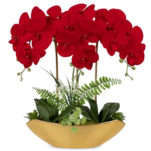 Briful Orchid Artificial Flowers 18in Red Fake Orchid Silk Flowers with Gold Ceramic Vase Faux Phalaenopsis Arrangement for Home Office Room Dining Table Centerpiece Modern Decor - color: Red