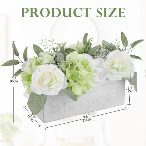 DILATATA Flower Arrangement with Wooden Vase 10" Artificial Flowers in Pot - Fake Flowers in White Rectangular Wooden Vase Potted Faux Flower Centerpieces for Table Decor Living Room - White - color: 10"l White