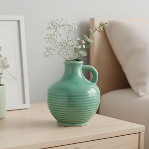Sunddo Green Ceramic Vase 6 Inch - Small Decorative Vases with 1 Handle, Textured Modern Vase for Home Decor, Bathroom, Bedroom, Living Room, Centerpiece, Table Decor - color: Mint Green - 6, size: 6 Inch