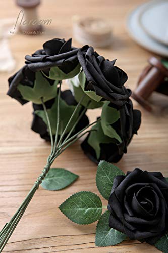 Floroom Artificial Flowers 25pcs Real Looking Black Foam Fake Roses with Stems for DIY Wedding Bouquets Centerpieces Arrangements Party Tables Home Halloween Decorations - color: Black, size: 25Pcs