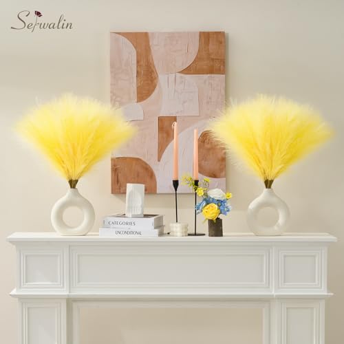 Serwalin 6PCS Pampas Grass Decor, 17.7Inch Light Yellow Artificial Pampas Grass Fluffy Fake Pompas Vase Filler Flower Arrangement for Home Wedding Decor - color: A Bright Light Yellow, size: 17 Inch 6 Pcs