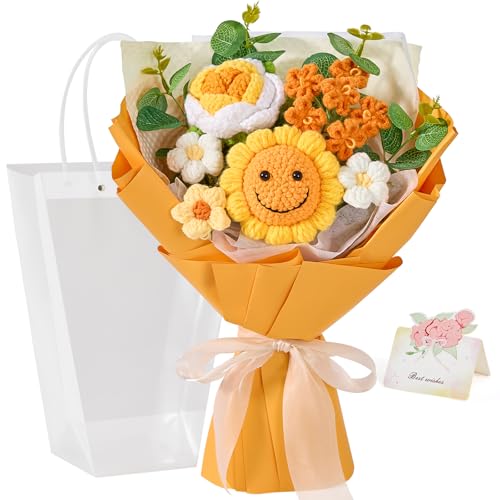 Alecono Crochet Flower Bouquet, Orange Smile Sunflower Knitted Flowers, Handmade Bouquet of Flowers for Mother's Day Graduation Anniversary Birthday Party Valentine's Day Gifts (Include Card) - color: Orange