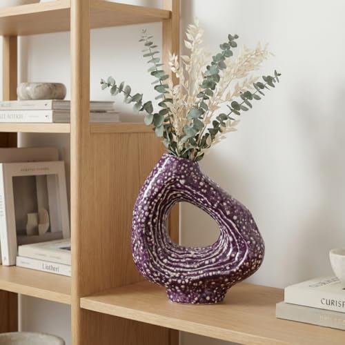 Sunddo Ceramic Flower Vase, 9 Inch Purple Modern Vases for Home Decor, Unique Donut Vase for Living Room, Centerpiece Table, Kitchen, Fireplace, Bookshelf, Shelf Decor - color: Purple, size: 9 inch