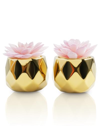 VIVERIE Mini Succulents Plants Artificial in Pots-Pink with Golden Ceramic, Christmas Small Fake Succulents Plants for Home Decor Indoor for Women, Set of 2, Gifts for Mom - color: Golden-2 Pack