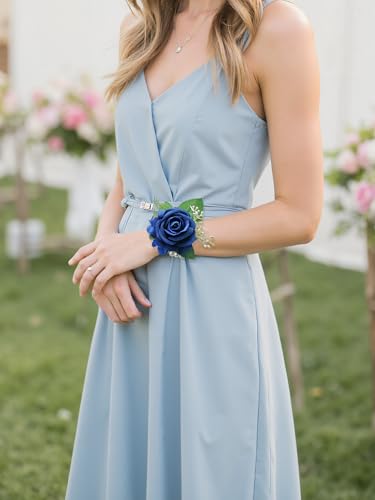 Athens Blue Rose Corsage and Boutonniere Set Wristlet Corsage for Bride Bridesmaids, Boutonniere for Groom Groomsmen Prom Wedding Flowers Accessories,Homecoming, Anniversary, Graduation (Athens Blue) - color: Athens Blue