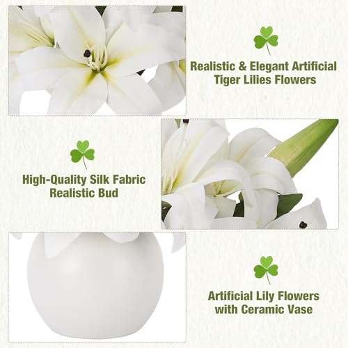 White Real Touch Artificial Tiger Lily and Easter Lily, Silk Faux Flowers Arrangement with Ceramic Vase, Fake Floral Bouquet for Easter, Office, and Home Decor - color: White, size: Lily, Silk