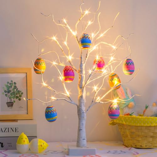 PEIDUO Easter Decorations for Home, 2FT 24LT Egg Tree Lighted with Battery Powered and Timer, Lighted Easter Trees Decor, Pre-lit White Birch Tree for Party Spring Decor - style: Easter tree