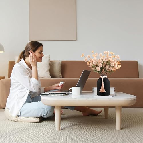20''H Fake Flowers in Large Vase for Centerpiece Table Decorations with 10Pcs Fake Mums Flowers Eucalyptus Stems Faux Pompon Kiku Flowers Arrangement for Home Decor (Beige/Black Vase) - color: Beige/Black Vase
