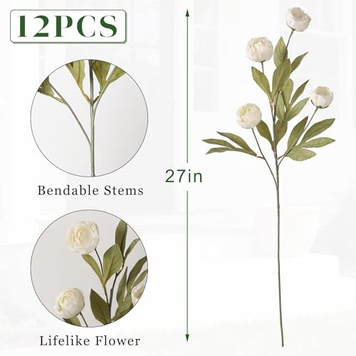12 PCS 27"Artificial Peony Branches, Realistic Silk Peonies Stems(Cream) | Easy DIY Styling, Plump and Delicate, Look Real Faux Flowers, for DIY Bouquet/Vase/Table Centerpieces/Farmhouse/Home Decor
