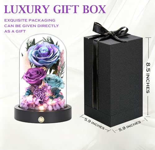 Birthday Gifts for Women Purple Preserved Flowers in Glass Dome Forever Flowers for Delivery Prime, Colorful Forever Roses Anniversary Mothers Day Valentines Day for Her Mom Wife - color: Starry Purple & Blue