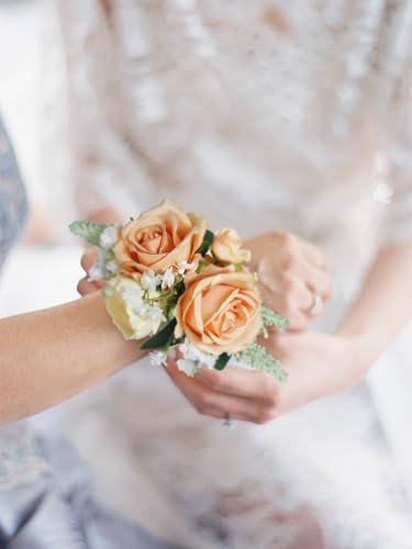 Rinlong 2Pcs Peach Champagne Wrist Corsage for Wedding, Prom, Homecoming | Bridesmaid, Mother of the Bride Corsage - color: 24-coral