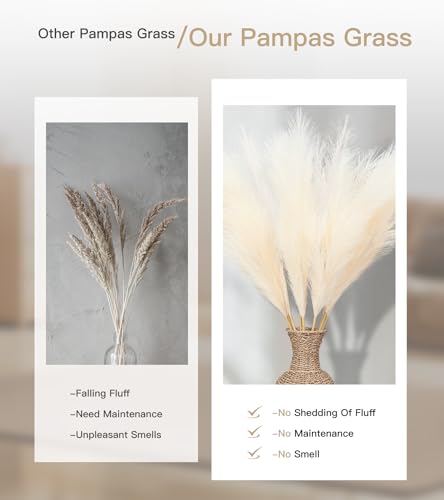 9 Pcs 45" Tall Pampas Grass Beige Decor, Long Stem Artificial Flower Floor Vase Large Faux Floral Pompas Fake Plants Dried Bouquet Arrangement Vase Filler for Boho Home Wedding Decoration - color: 9 Pcs 45" Beige Style