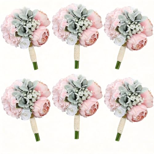 Dusty Pink Pre-Made Bridesmaids Bouquets Set of 6-7 inch Small Rustic Aritificial Flower Bouquet for Wedding Marriage Proposal Decor - color: Dusty Pink, size: Set of 6 Bouquets