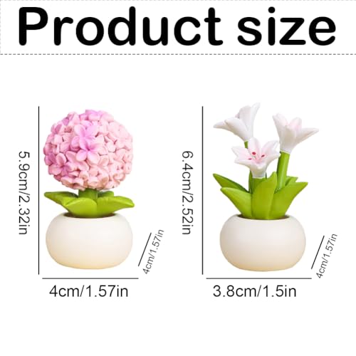 Resin Flower with Pot 2 Pcs Mini Artificial Lily Hydrangea Flowers Potted Plants Figurines for Car Dashboard Home Kitchen Rustic Table Shelf Decor, Pink+White - color: Pink+white