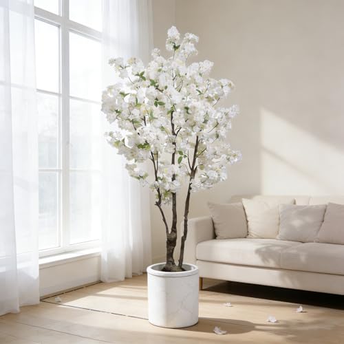 BINCUE Artificial White Cherry Blossom Tree Fake Tree Cherry Blossom Decor Fake Flowers Faux Flowering Tree White Flowers Floral Artificial Plants for Indoors Outdoors Room Home Decor Gift 6FT - color: White-07ap