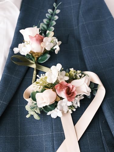 White Rose Wrist Corsage and Boutonniere Set with Ribbon Ties Wedding Prom Formal Accessories (Multicolor) - color: Multi Color