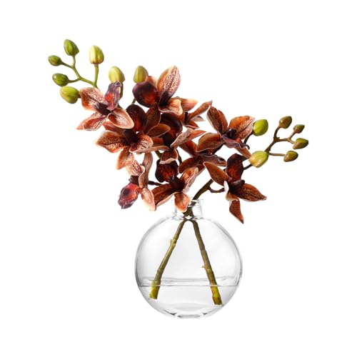 Artificial Orichid Artificial Flowers in Clear Glass Water‑Filled Vase – Silk Fake Plants Table Centerpiece for Home, Shelf, Office & Dining Decor, Maintenance‑Free(Light Orange) - color: Light Orange