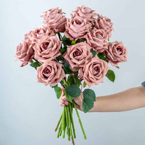 Ttranewsoo Fake Roses Faux Flowers Silk Roses 16.5in Artificial Roses with Stems Realistic Artificial Flowers Suitable for Indoor Home Decor DIY Bouquet Wedding Decor Party Decor (Pink Purple,12PCS) - color: Pink Purple 12pcs