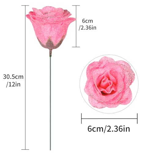 Pink Glitter Roses,30PCS Glitter Flowers Bouquet Artificial Roses with Stems for Wedding Party Christmas Home Decor(Pink with Silver Glitter) - color: Pink With Silver Glitter