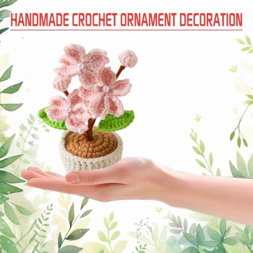 2 Pieces Mini Crochet Cherry Blossoms Potted Plants, Handmade Knitted Fake Cherry Blossom Flower with Planter for Bathroom Home Kitchen Rustic Table Centerpiece Decor, Pink - color: Pink