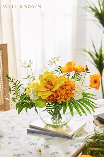 WELL KNOWN Artificial Silk Flowers in Glass Vase for Dining Table Decor, Tropical Orange Orchid Flowers Bouquet Arrangement with Faux Water for Home Office Wedding Party Dining Table Centerpieces Gift - color: Tropical Orange