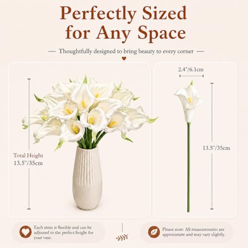 Mandy's 20pcs White Calla Lily Artificial Flowers | 13.5 Inch PU Realistic Bouquet for Vase Elegant Home Decor Centerpiece Wedding Bridal Bouquet Table Decoration - color: White