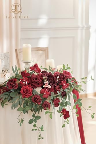 TINGE TIME Artificial Sweetheart Flower Swag with Tablecloth and Table Runner, Pack of 3 Floral Arrangement for Wedding Sweetheart Table Centerpiece Decoration (Burgundy Red) - color: Burgundy