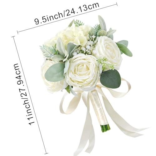 Set of 6 Bridesmaid Bouquets for Wedding - Silk Artificial Ivory Bridesmaid Flowers, Pre-Made Roses Sage Green Boho Bridal Floral for Bride Party Ceremony Anniversary Decoration - 9inch - color: White-2, size: Set of 6 Bridesmaid Bouquets
