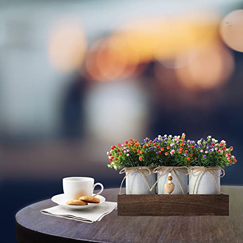 CALAVAK Decorative Centerpiece Wooden Tray with 3 Metal Potted Artificial Milan Flowers Rustic Country Farmhouse Décor for Dining Room, Living Room and Kitchen Table - style: Milan Flowers