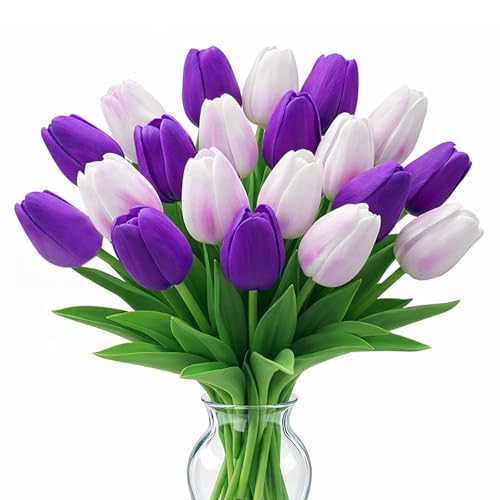 20 Pcs Tulips Artificial Flowers, 13.5'' Real Touch PU Fake Flowers Bouquet for Home Party, Spring Wedding Floral Arrangement, Valentine's, Easter and Mother's Day Decor (White Purple) - color: White Purple