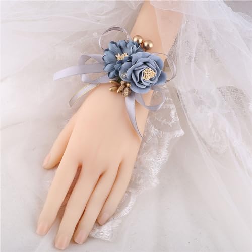 Dusty Blue Wrist Corsages Set of 12 for Bridal Bride Bridesmaid Artificial Hand Flower Formal Party Wrist Corsage Wristlet Band Wedding Prom Homecoming - color: Dusty Blue Corsage ( 12pcs )